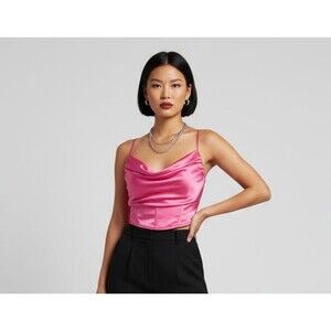 Women's Xsmall Satin Pink Cowl Neck Corset Crop Top Barbiecore Party Y2K